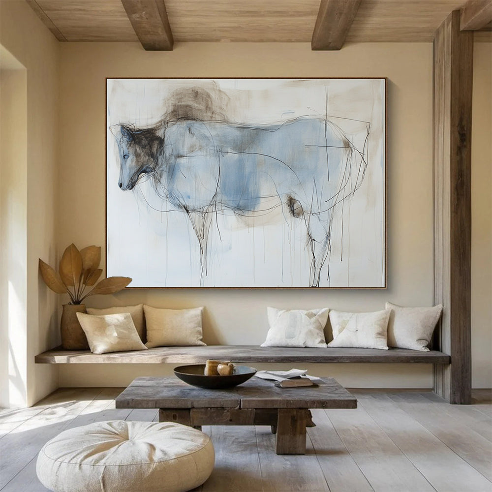Large abstract painting of an animal's body featuring thin lines and washes in subtle pastel colors of light blue and dark brown on a white background.SC153