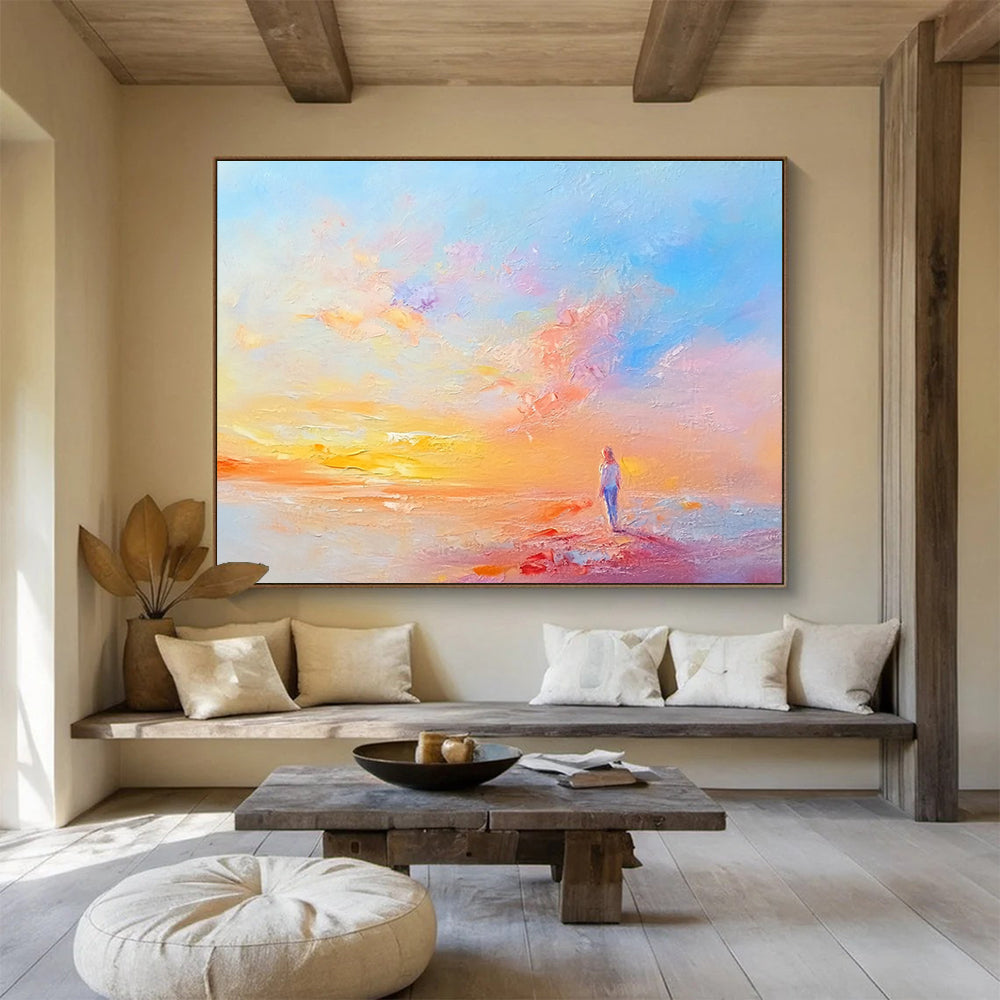 Large abstract painting featuring serene pastel colors soft brushstrokes and tranquil landscapes evoking a peaceful atmosphere at dawn.SC281
