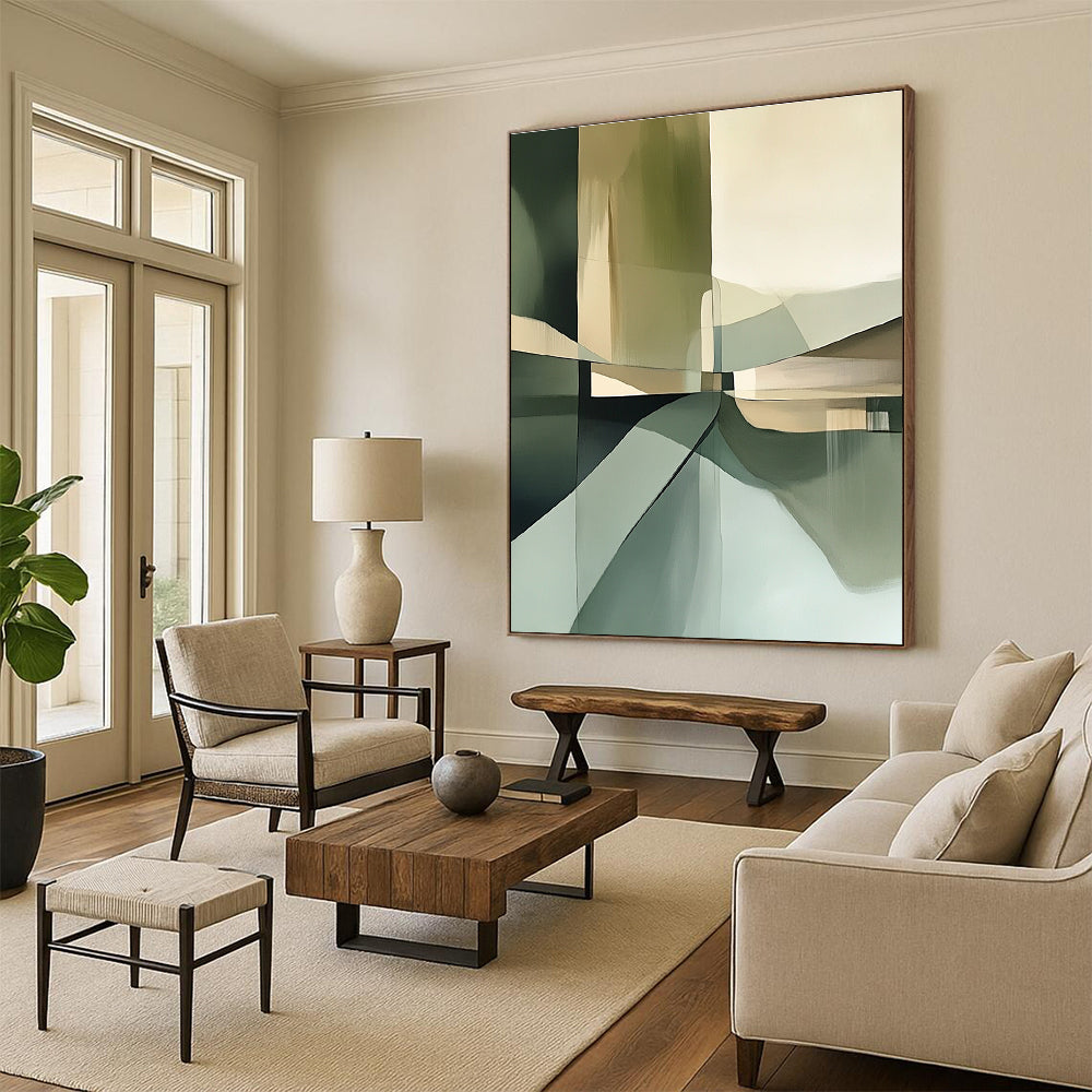 Large abstract painting in neutral green tones featuring brush strokes soft focus muted colors geometric shapes and a detailed textured composition.STSC114