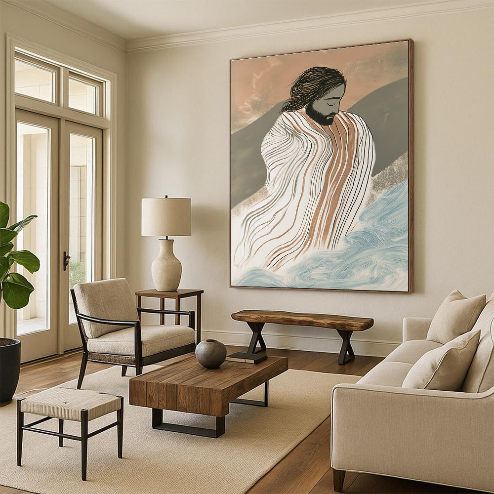 Large abstract painting featuring Jesus in striped robes surrounded by waves with an ink drawing effect and a misty atmosphere in a vibrant color palette.STSC1131