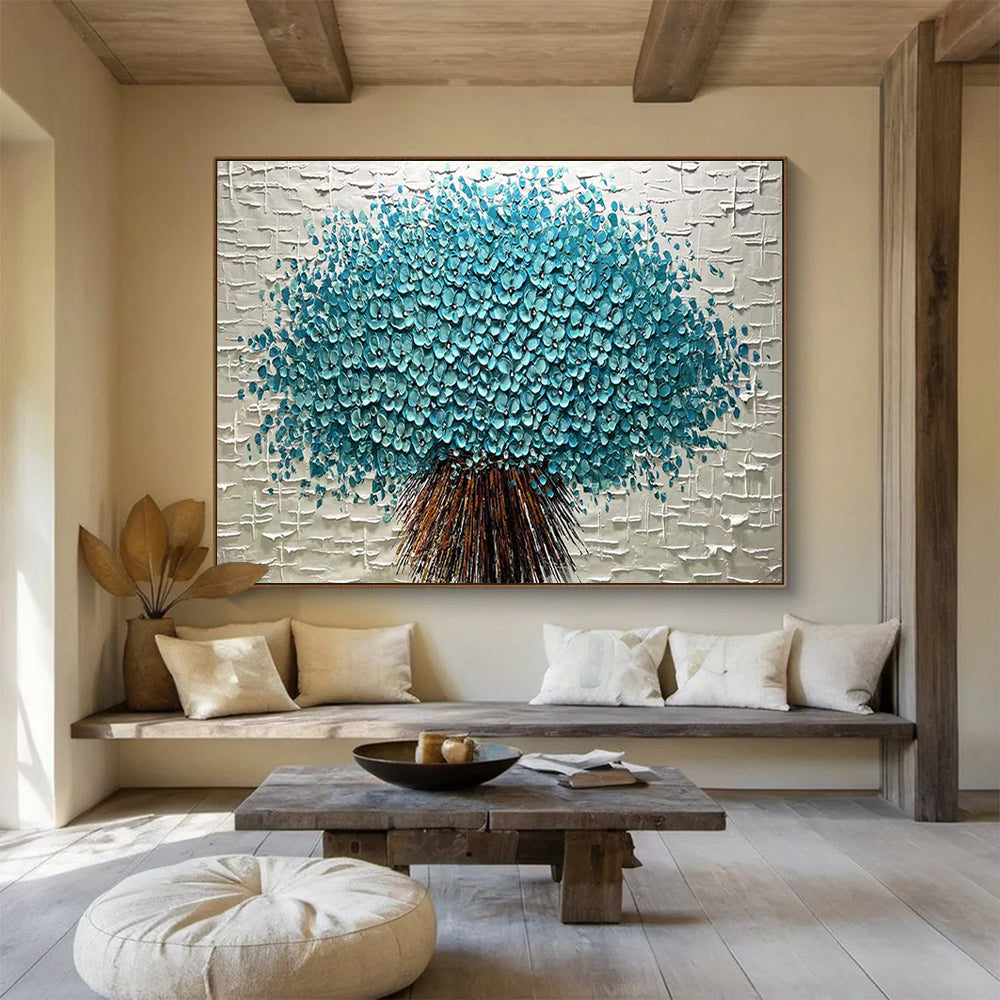 Blue Flower Tree Abstract Painting with Blue, Green, and Brown Tones THY213