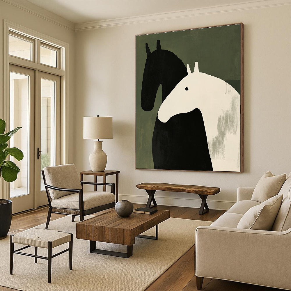 Large abstract painting featuring two horses in black and white with thick brushstrokes on a green background inspired by Henri Matisse's minimalism.STSC1077