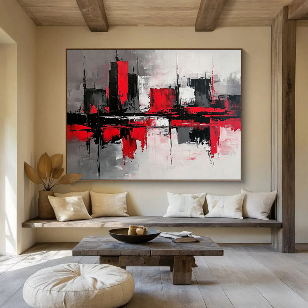 Abstract painting with gray and red color blocks depicting a minimalist urban street scene with reflective water surfaces and a mysterious atmosphere.SC239