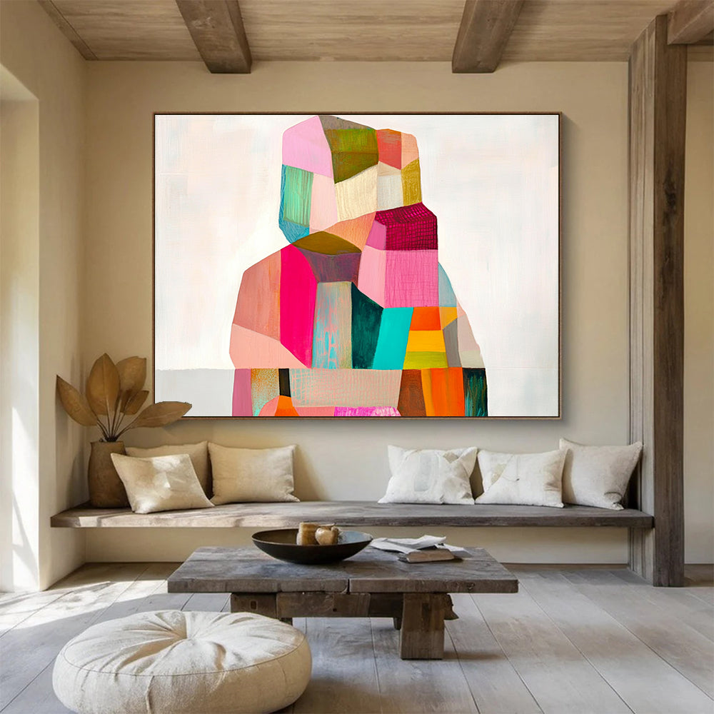 A large abstract painting with geometric shapes in pastel tones capturing the essence of the body against a soft white background.SC354