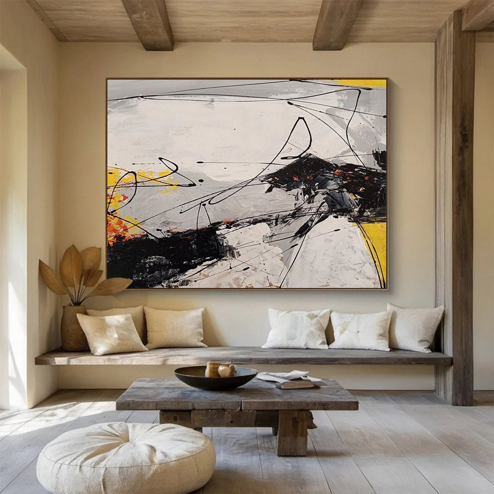 Black Yellow Grey Dynamic Lines Abstract Painting THY029