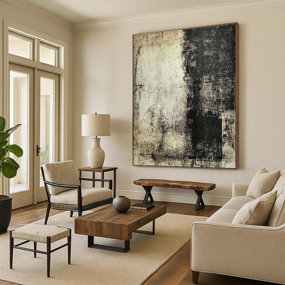Beige and Black Textured Abstract Painting with Aged Effects GER113