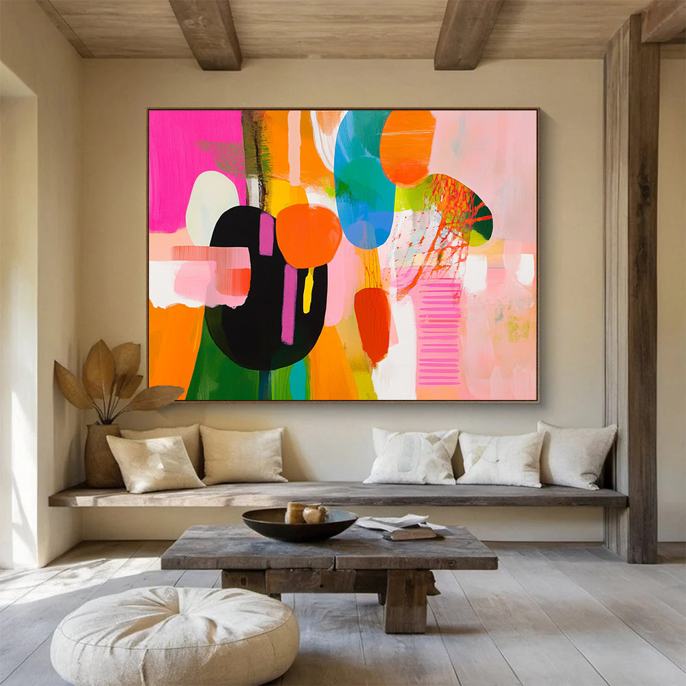 Bold abstract artwork showcasing vibrant pink, yellow, green, and blue shapes with dynamic movement and expressive brushstrokes.SC300