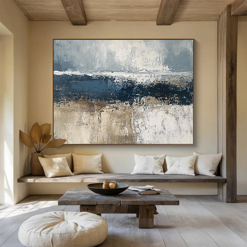 Large abstract painting of the sea featuring gray and dark blue tones with brown accents and thick textured paint.SC203
