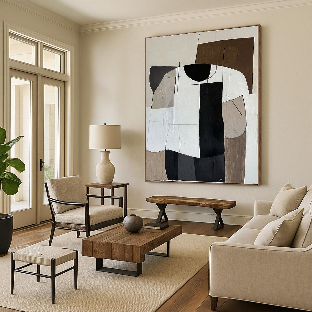 Abstract Painting in Minimalistic Cubism Style featuring Brown Palette and Striped White Shirt on a White Background.STSC1107