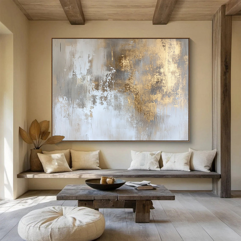 Abstract painting with faded gold and white hues featuring distressed textures and subtle gradients for elegant wall art and interior design.SC234