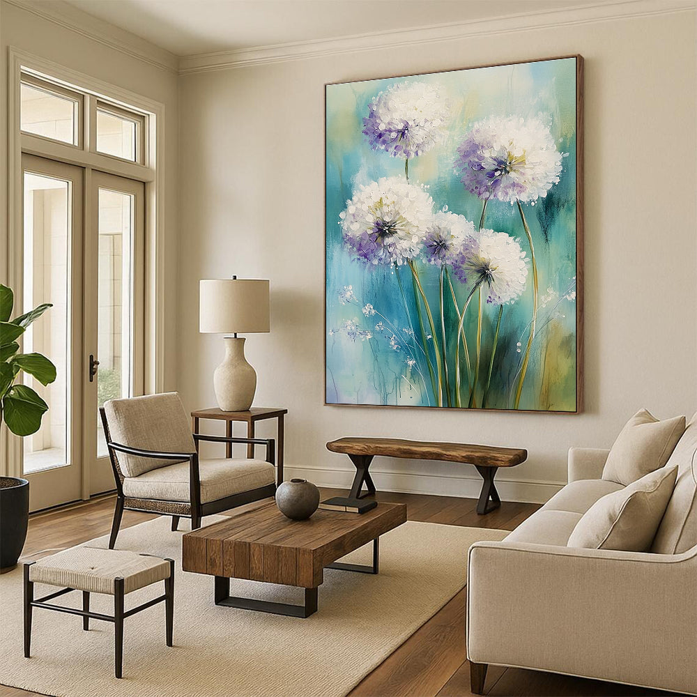 Abstract painting featuring white alliums with light purple accents on a soft greens and blues background, evoking a dreamy spring atmosphere.STSC1468