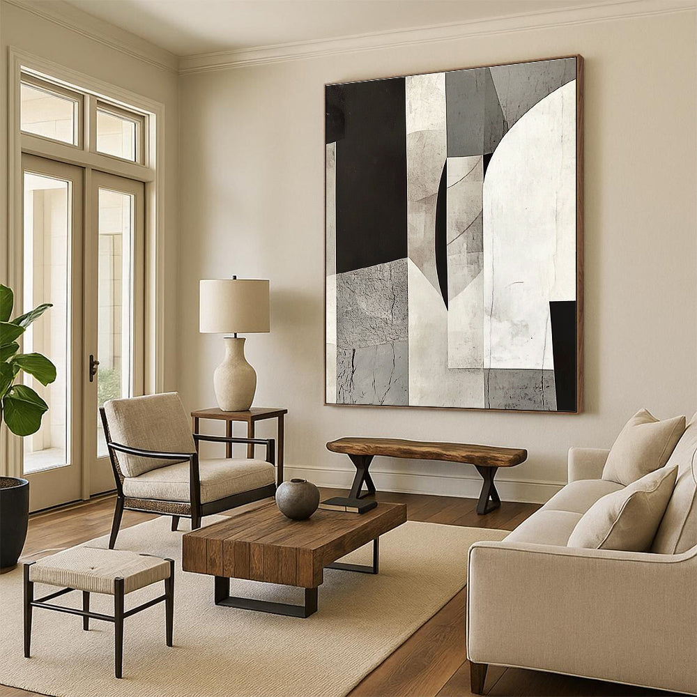 Gray and Black Geometric Collage Abstract Painting with Layered Textures GER014
