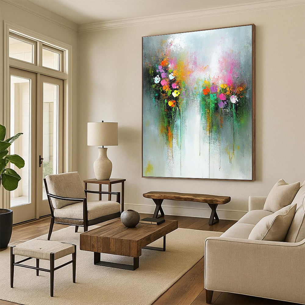 Large abstract oil painting of ethereal flowers in an enchanted garden featuring muted pastel colors on a white background.STSC182
