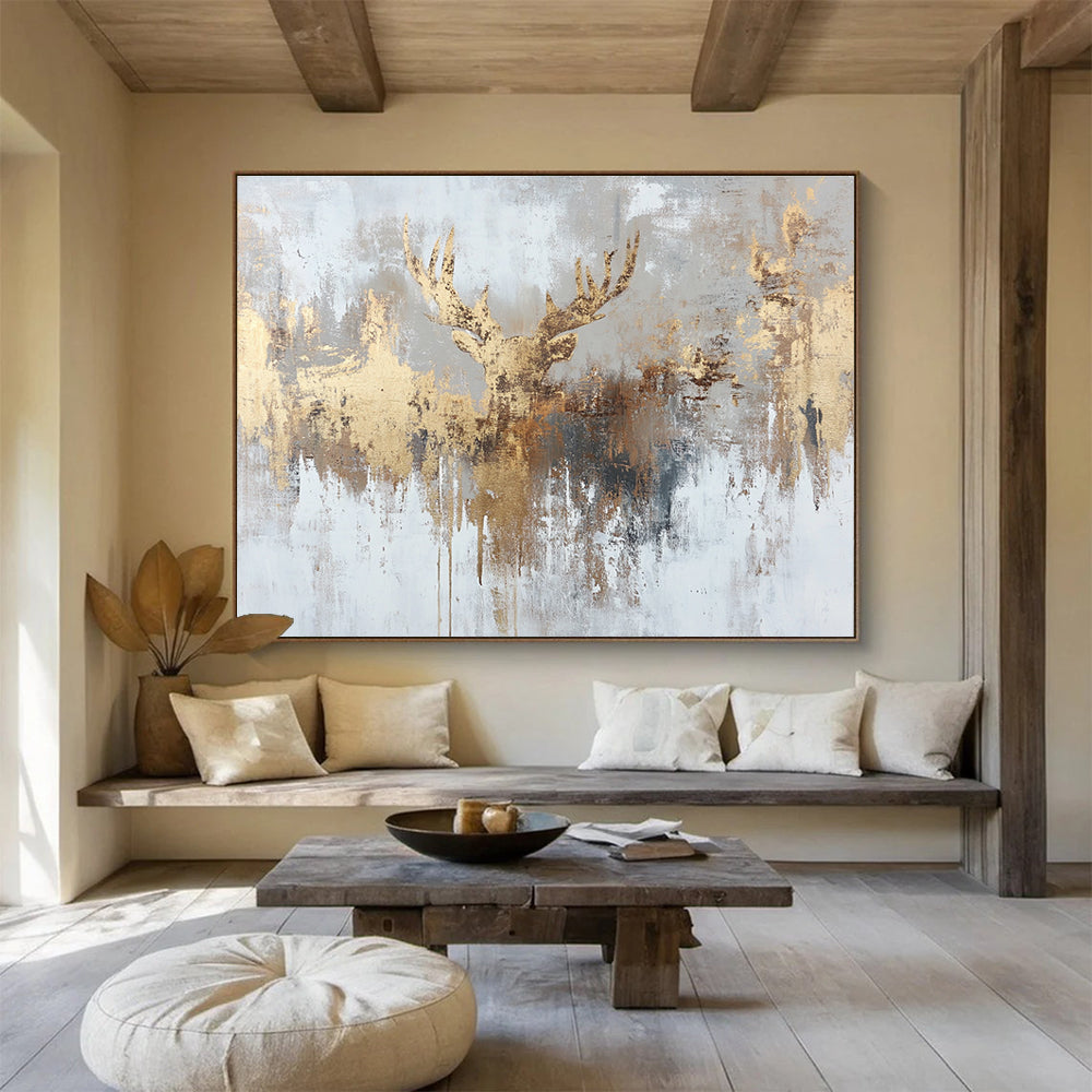 Gold and Gray Abstract Painting with a Golden Deer Silhouette DYP393