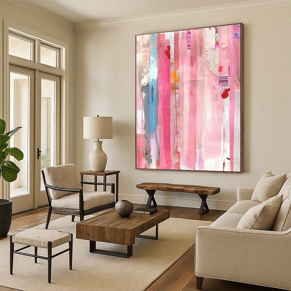 Pink Striped Collage Abstract with Colorful Inserts GER258