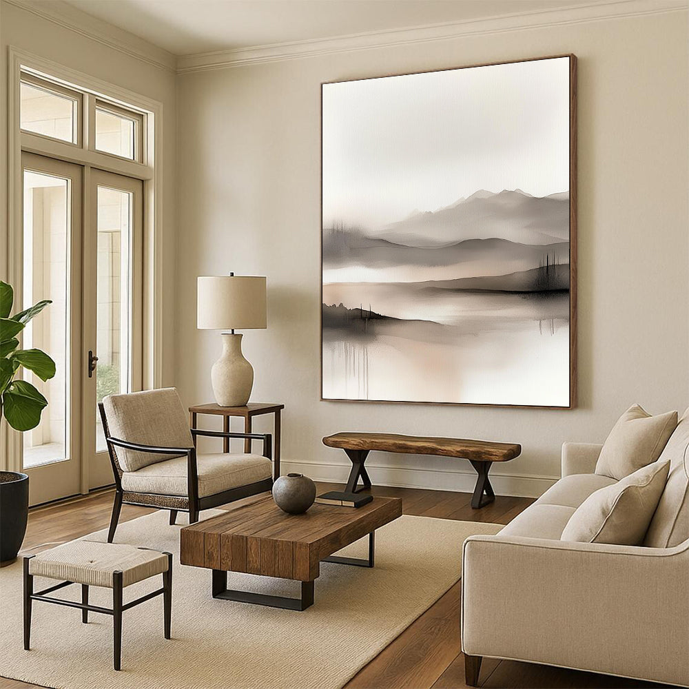 Large abstract watercolor painting featuring soft muted colors of grey beige and white depicting serene hills and foggy mountains for a tranquil atmosphere.STSC504