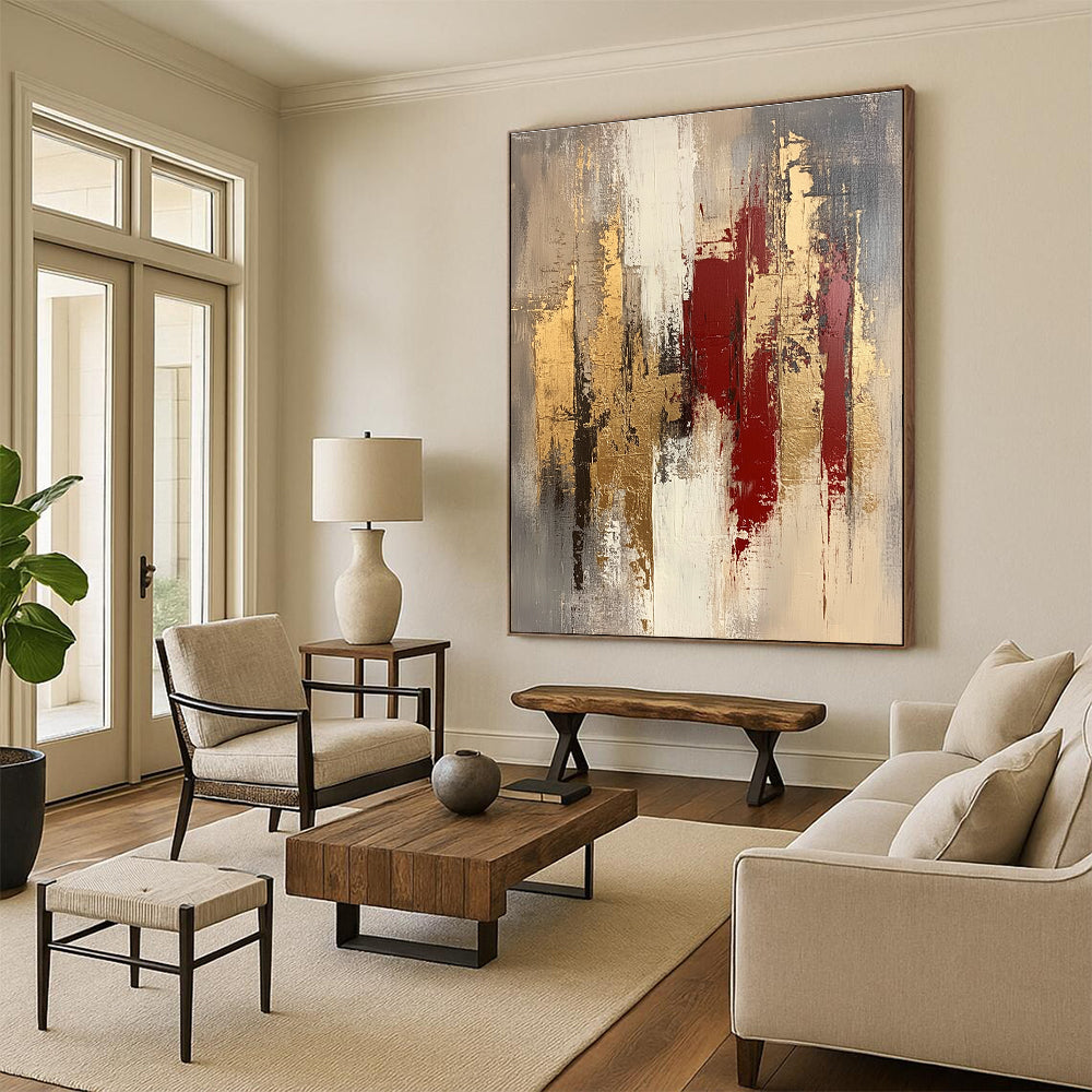 Gold Red and Gray Abstract Painting with Layered Strokes GER663