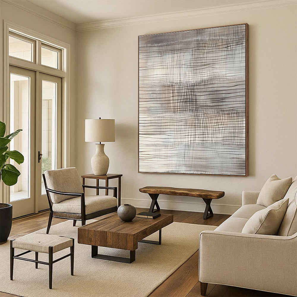 Large abstract painting with gray and white lines featuring textured patterns and horizontal stripes resembling undulating hills or mountains with dark contrasting shadows.STSC1439