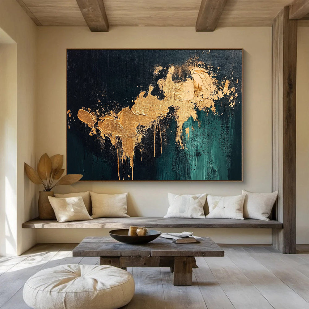 Large abstract painting with gold splashes on dark green background showcasing intricate details and a moody atmospheric feel.SC259