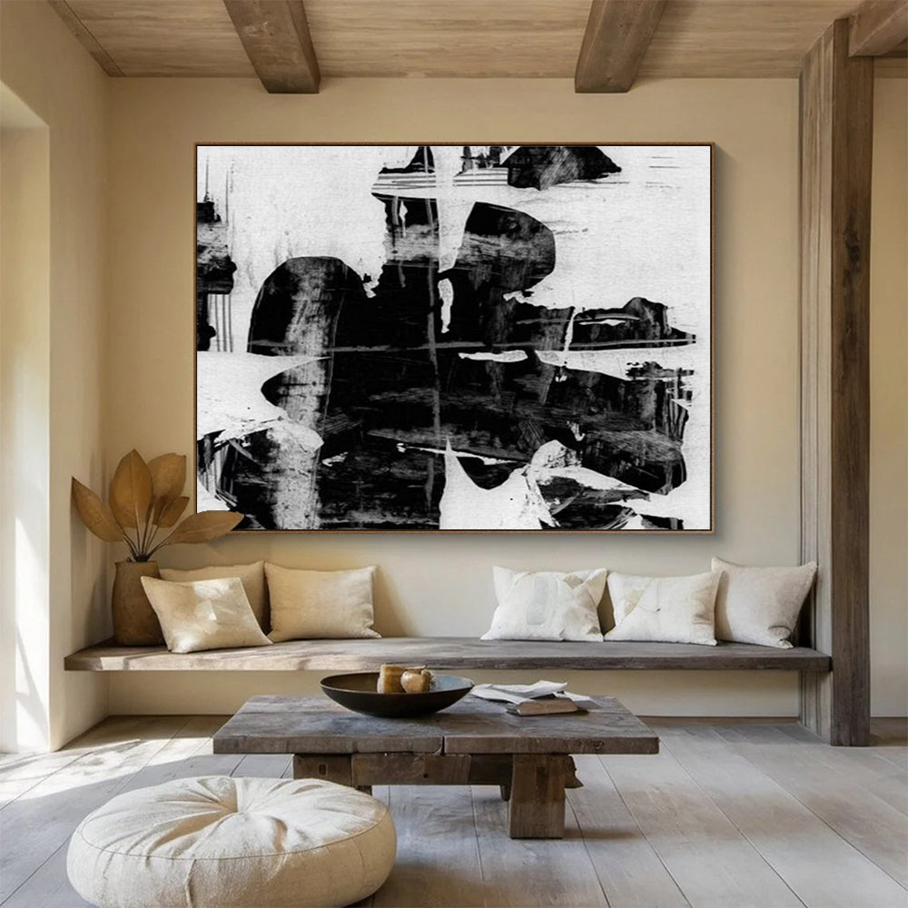 Monochrome Abstract Painting with Black and White Contrasts THY134