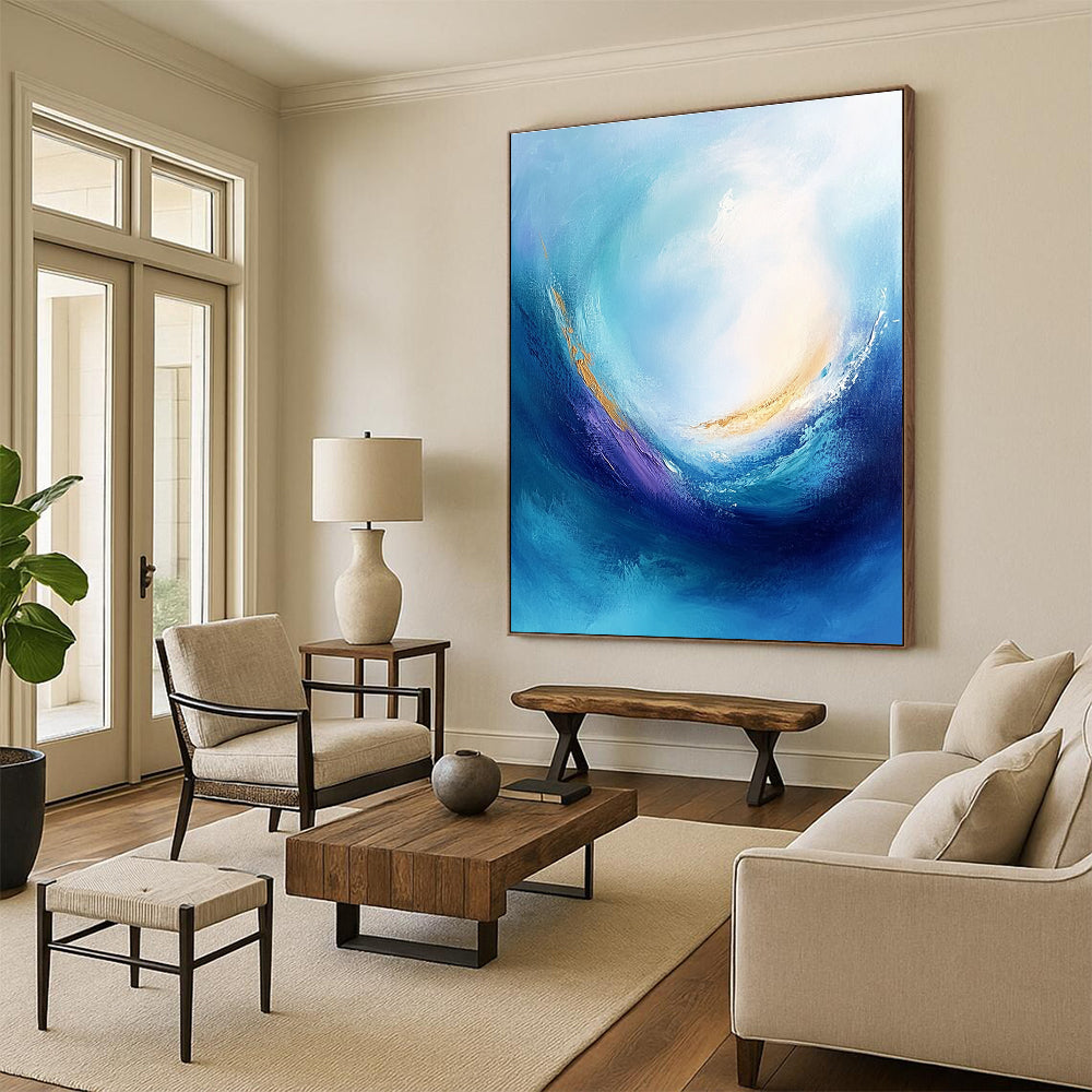 Large abstract painting of a blue sea with swirling vortices and emotional colors depicting tranquility and calmness in high resolution.STSC042