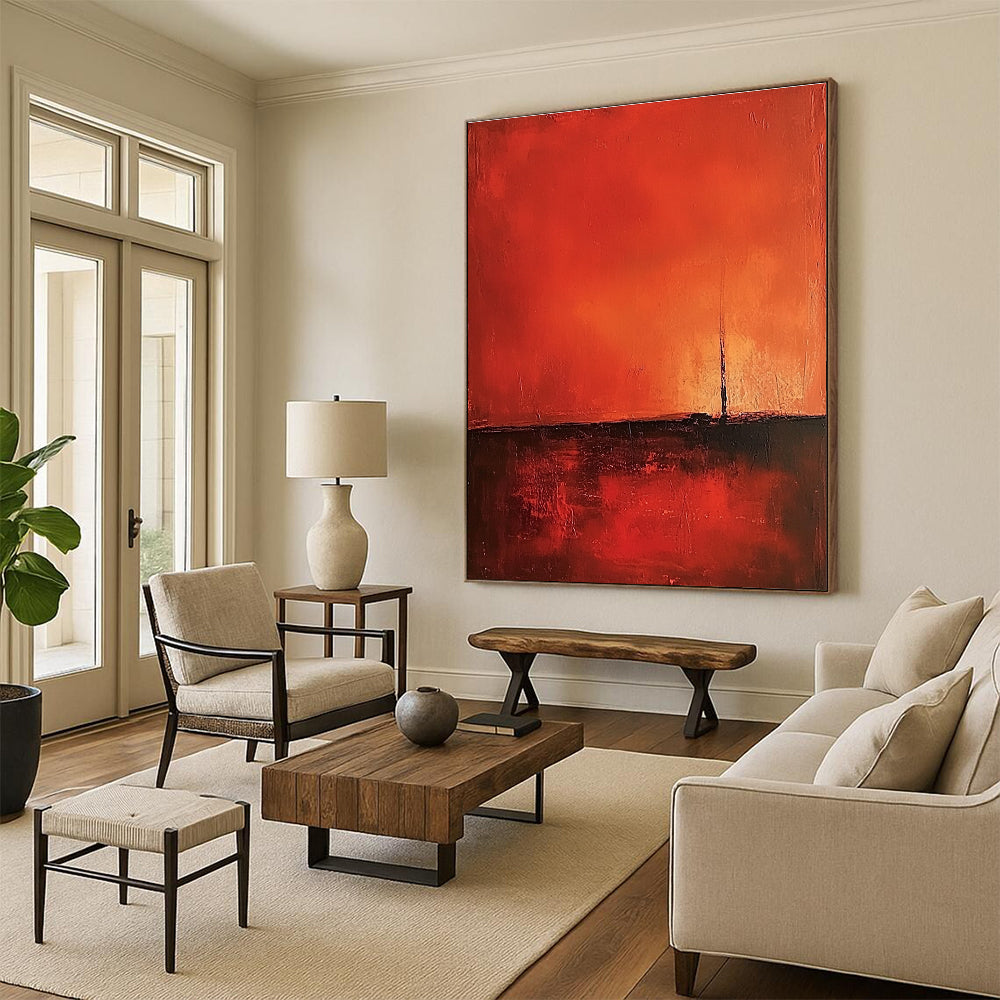 Abstract oil painting featuring a minimalist red background with warm tones and heavy brush strokes in a vintage style.STSC1377