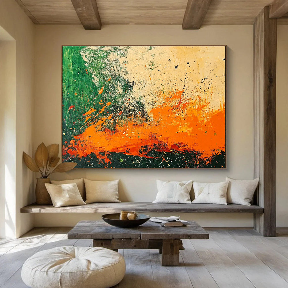 Energetic Splatter Abstract Painting with Green and Orange DYP223