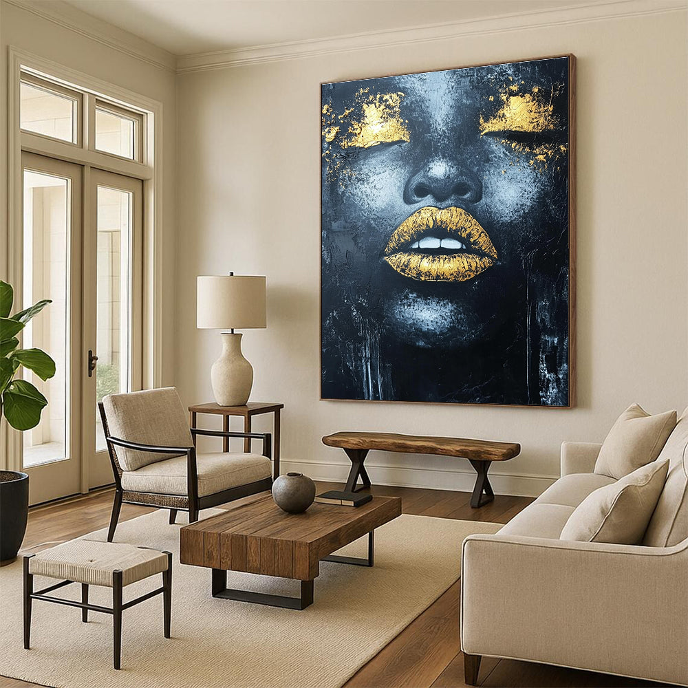 Large abstract acrylic painting of an African woman's lips with gold leaf highlights and textured black background.STSC1276