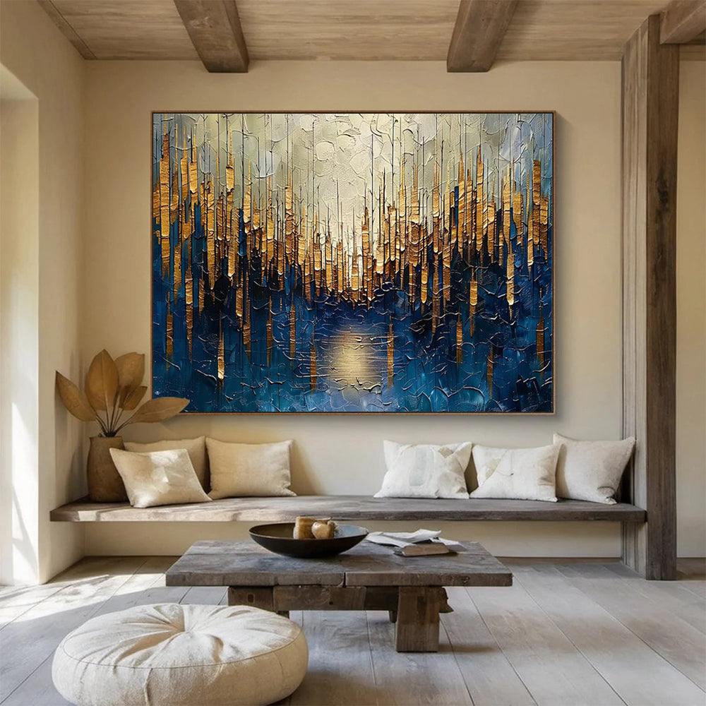 Golden Forest Abstract Painting with Blue and Gold Tones THY157