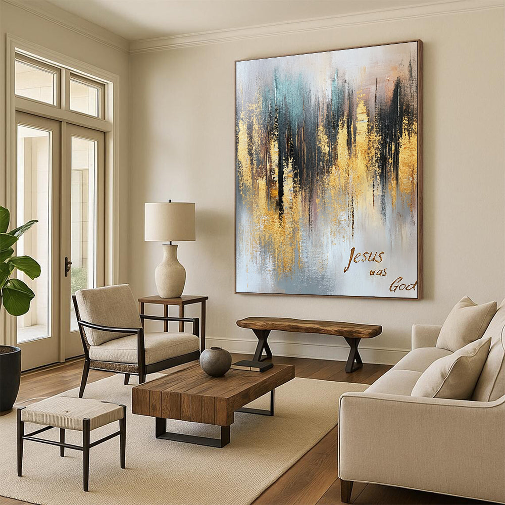 Large abstract oil painting of a gold and gray forest with muted colors gold foil accents and cursive text stating Jesus was God.STSC166