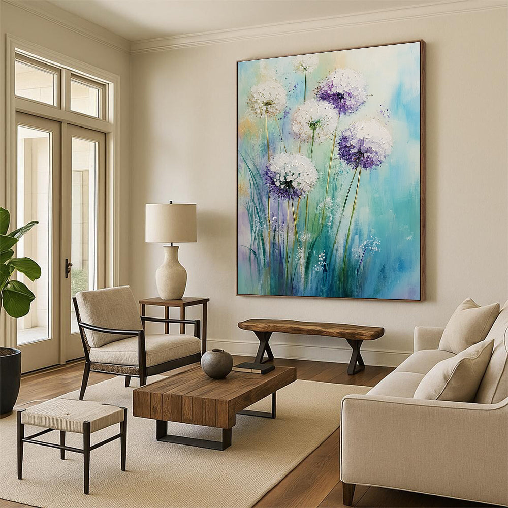 Large abstract painting of white alliums with purple accents on an aquamarine lavender background featuring soft brushstrokes and a dreamy Impressionist atmosphere.STSC1148