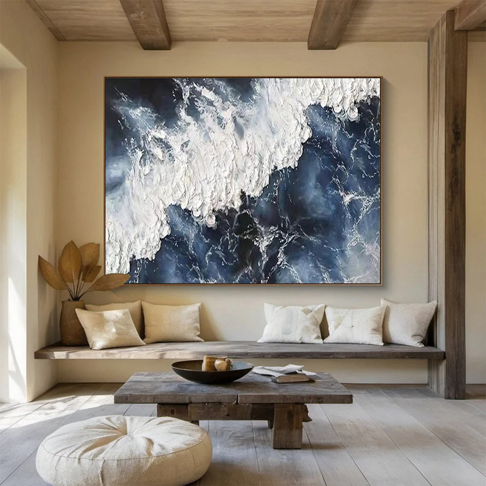 Dynamic Ocean Wave Abstract Painting with Bold Blue and White THY252