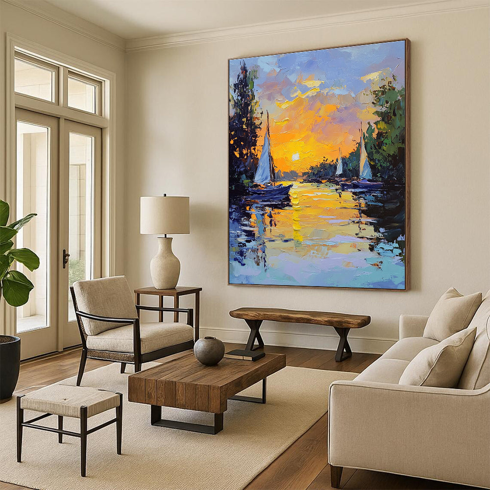 Large abstract painting featuring sailing boats at sunset with vibrant yellow and blue tones and thick brush strokes creating an impressionistic scene.STSC1419