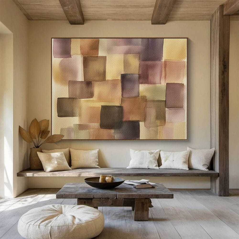 Purple and Brown Squares Watercolor Abstract Painting with Geometric Forms DYP616