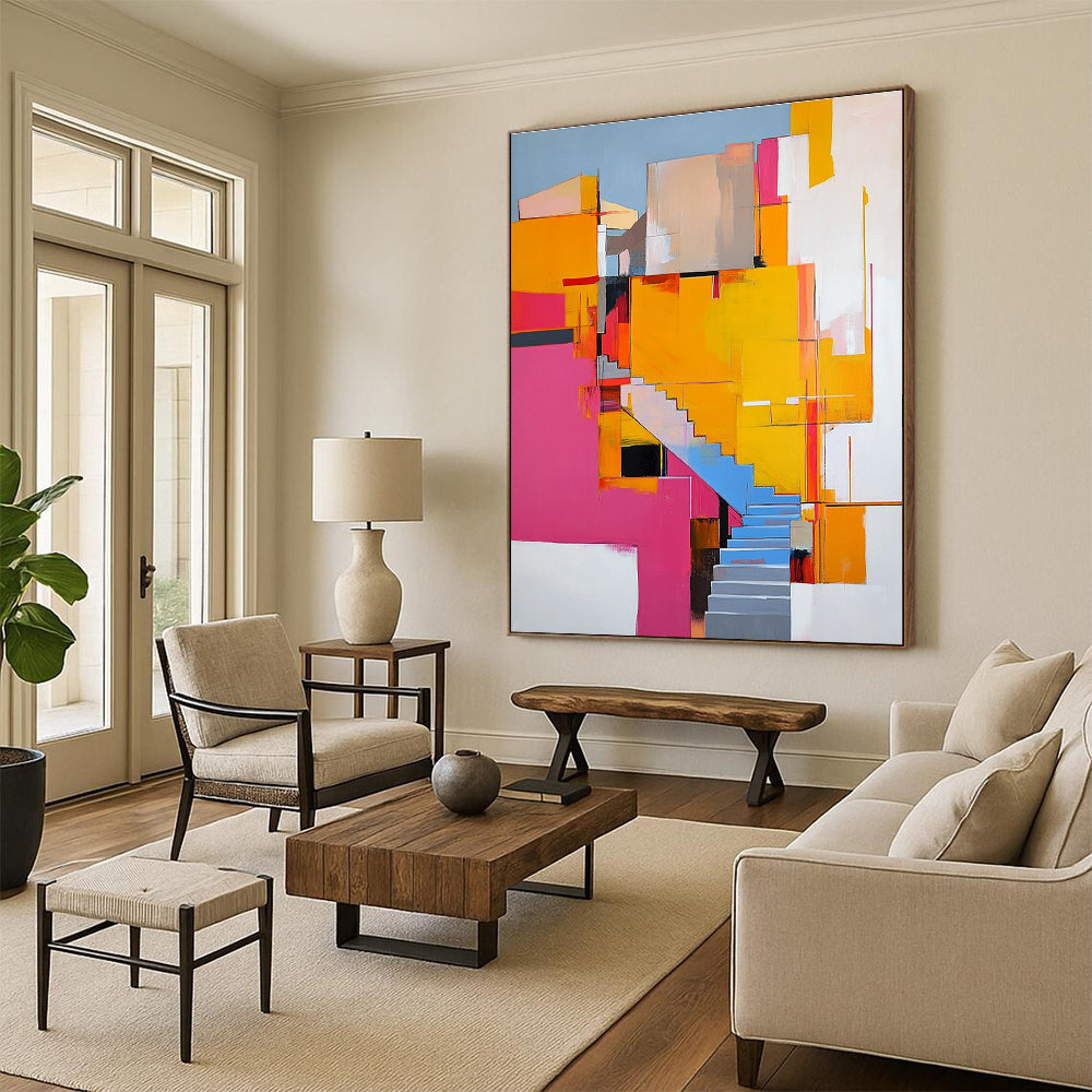 Abstract painting featuring vibrant pink yellow and orange architectural elements with stairs and ample white space around it.STSC668