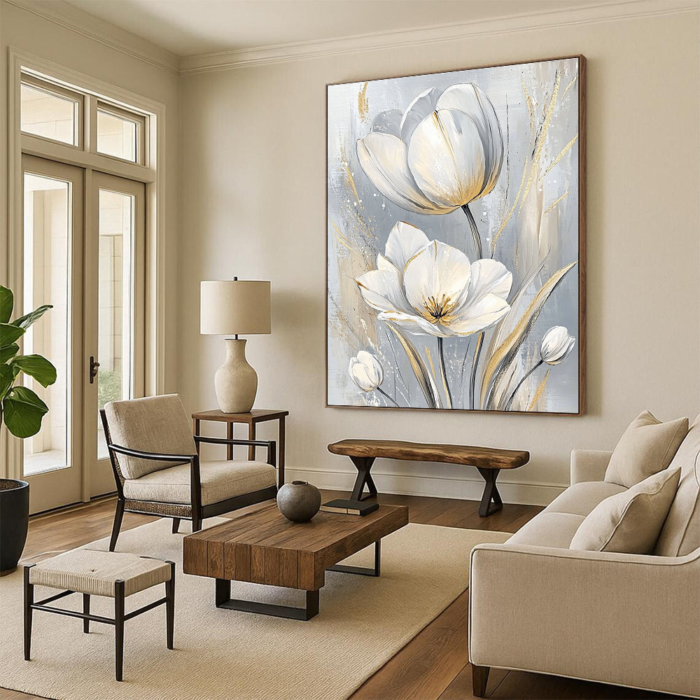 Large abstract painting featuring elegant white tulips with intricate petals and soft pastel tones creating a serene atmosphere.STSC1480