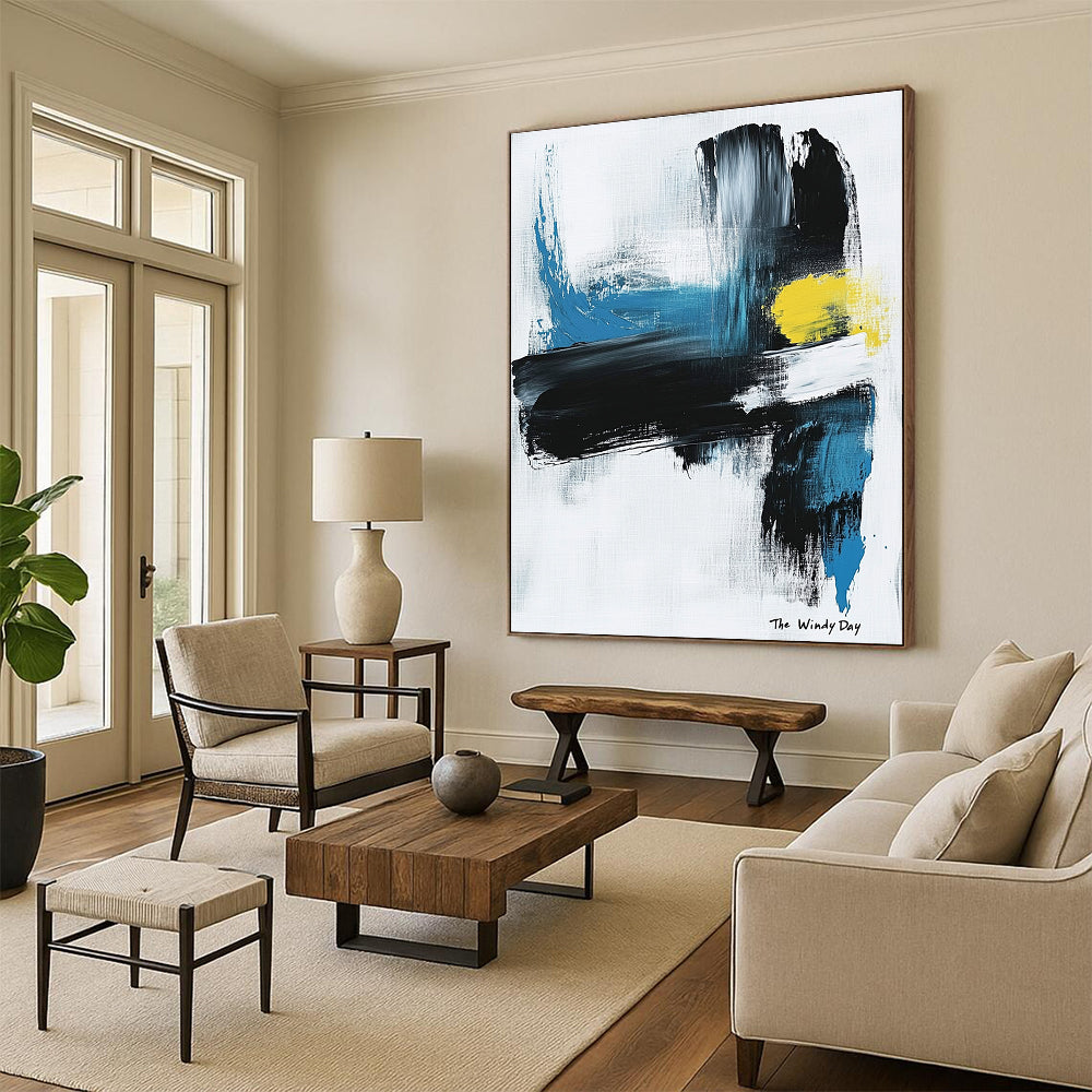 Large abstract painting in black and white with blue or yellow accents on light gray background featuring text The Windy Day.STSC1070