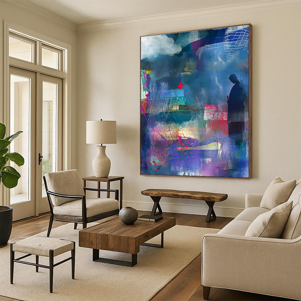 Large abstract collage with watercolor splashes and textured paper featuring a shadowy figure a red cross and vibrant ribbons in rich colors.STSC574