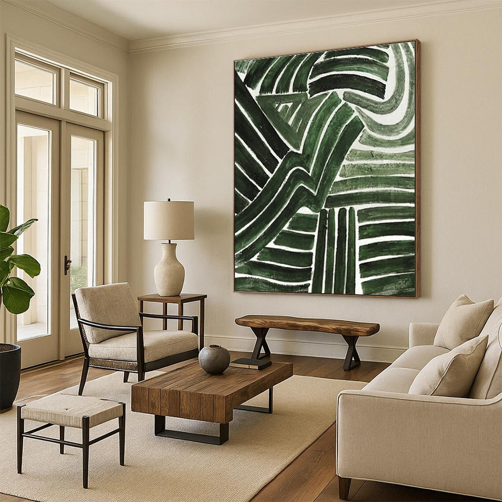 Green Curved Lines Abstract Painting with White Background ADGE492