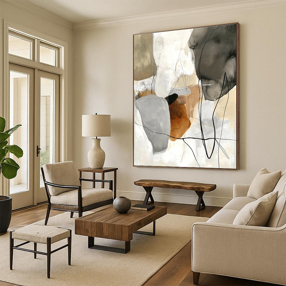 Large abstract painting featuring soft lines and shapes in beige tones with collage elements of black wires and organic textures in dark brown and light gray.STSC798