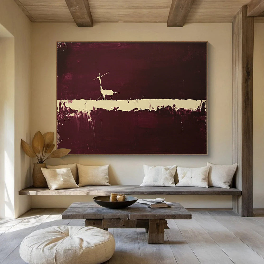 Large abstract painting featuring a minimalistic animal silhouette against a dark maroon backdrop with a striking white line drawing.SC094