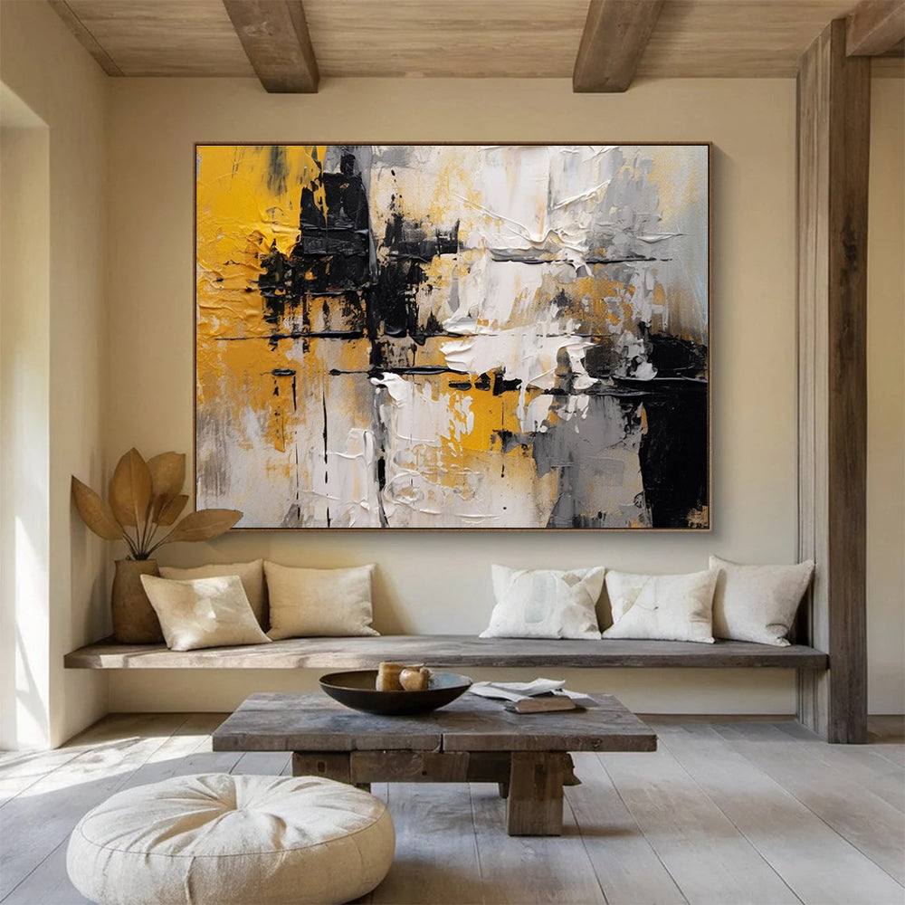 Yellow Black White Abstract Textured Painting THY084