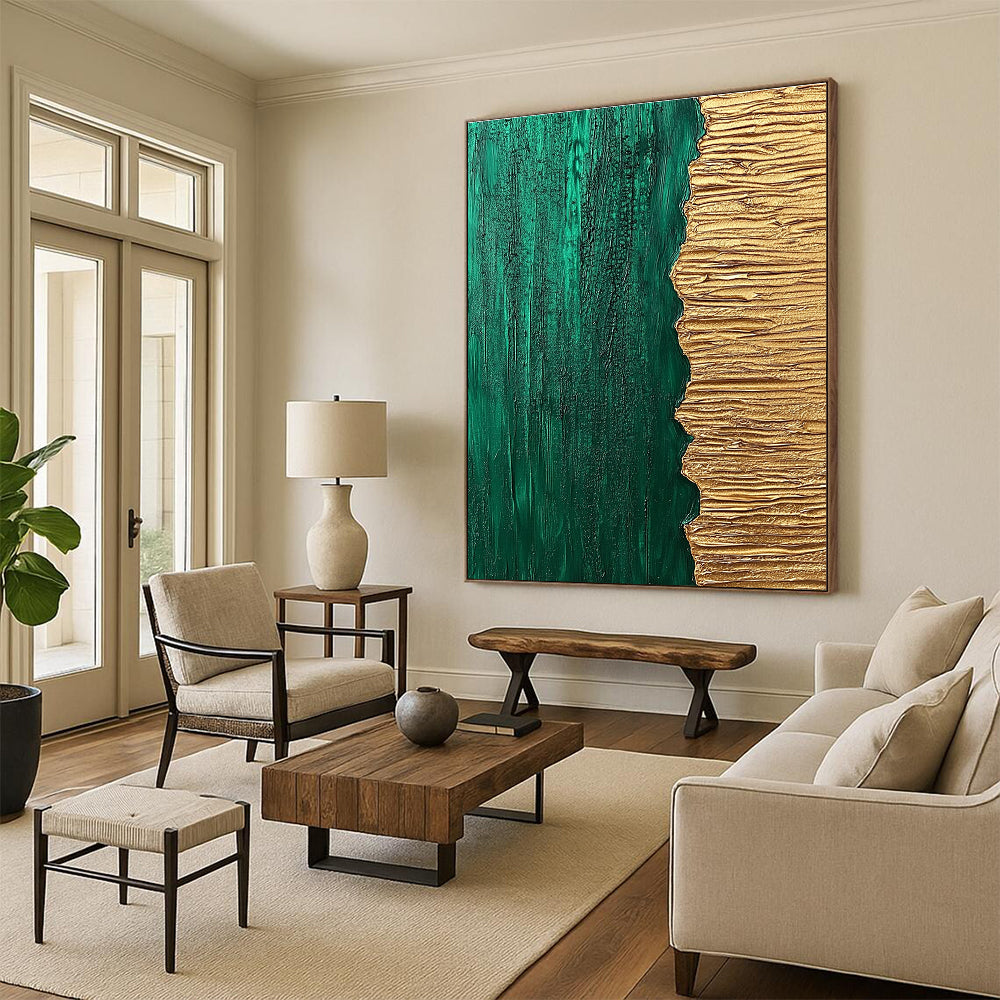 Green Gold Textured Split Abstract Painting GER835