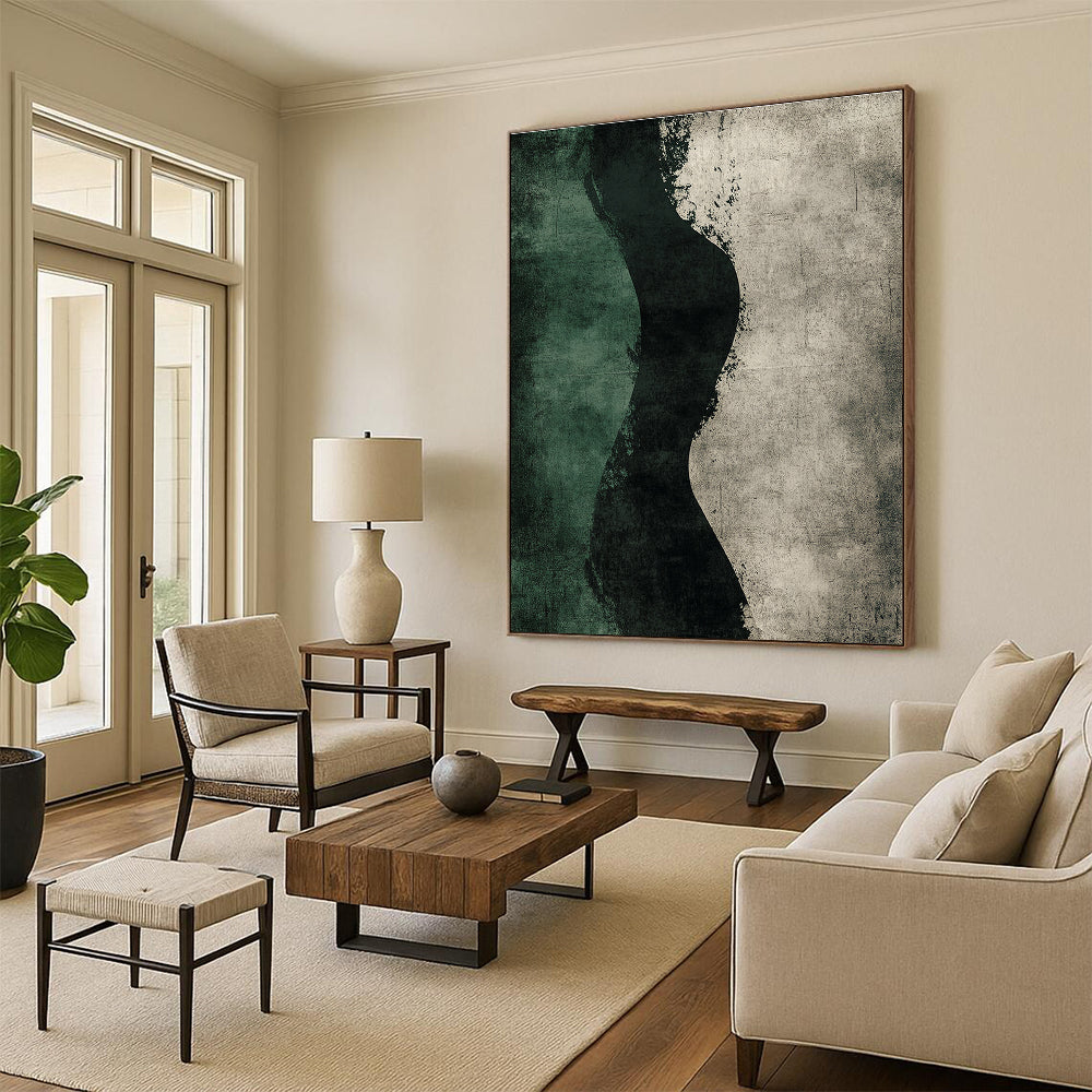 Green and Black Silhouette Abstract Painting with Textured Background GER150