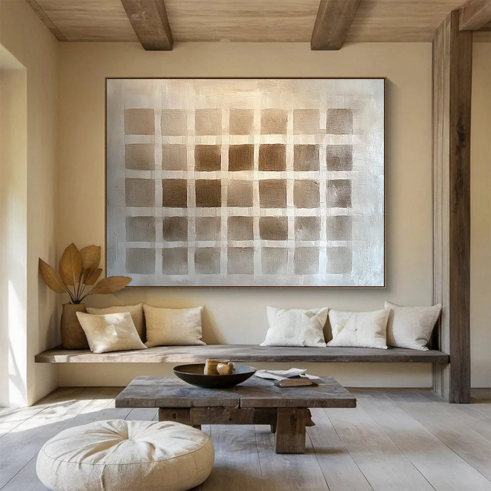 Large abstract painting featuring a symmetrical grid in brown shades, resembling woven fabric, with subtle shading for depth and texture.SC530