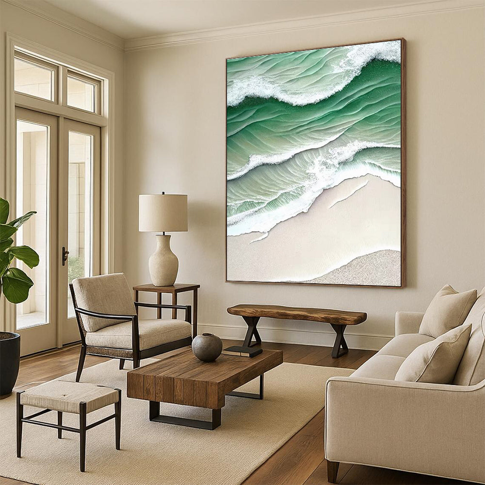 Green and White Wave Beach Abstract Painting ADGE290