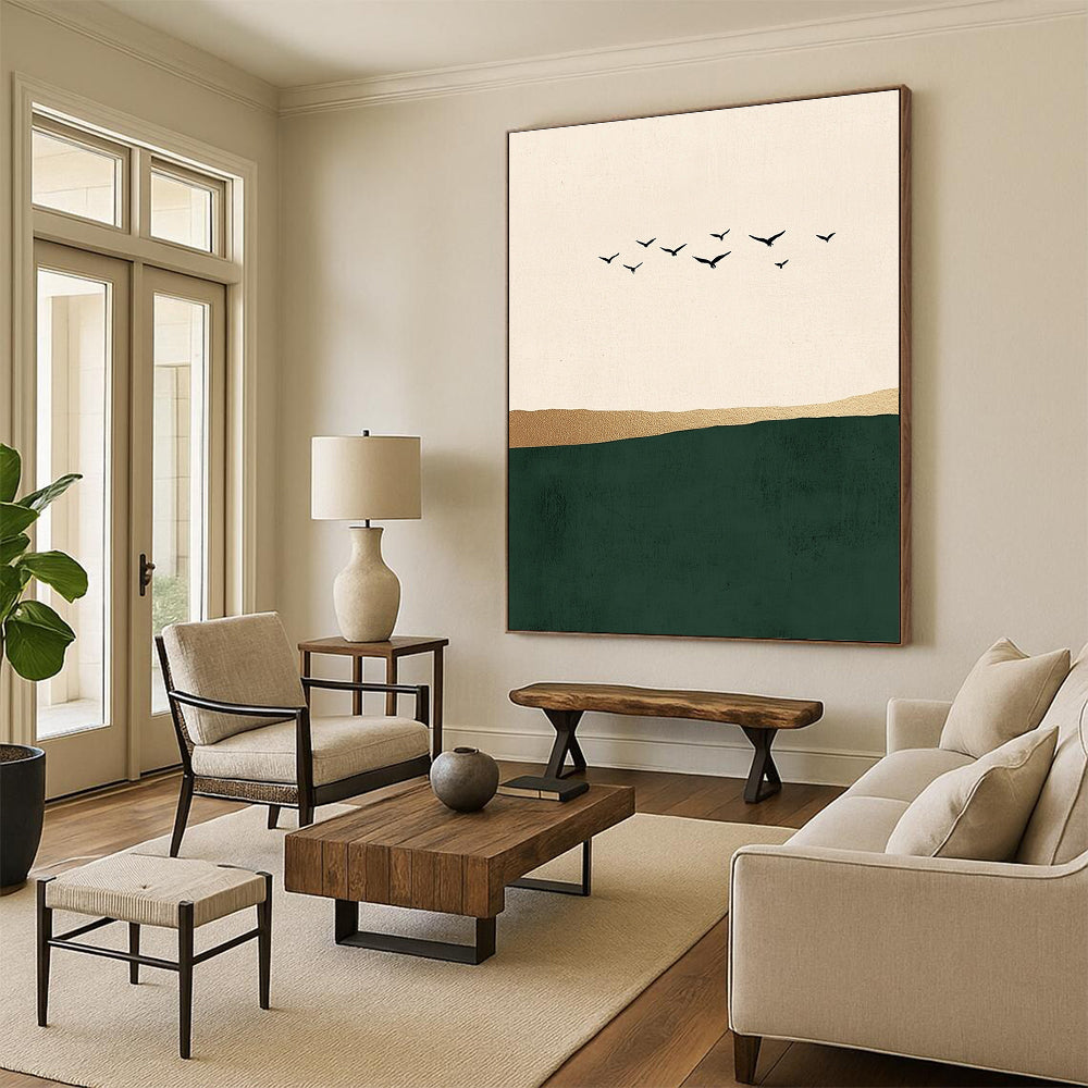 Abstract art featuring minimalist Japandi style with flying birds over a serene green sea on a beige background adorned with elegant gold details.STSC1340