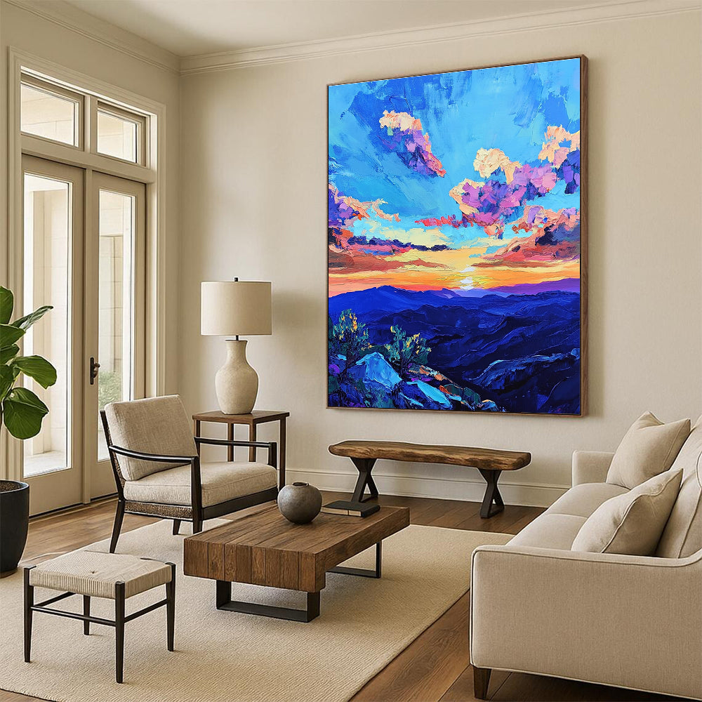 Large abstract painting of a vibrant sunset sky over rugged New Mexico mountains featuring bold colors and dramatic brush strokes inspired by Van Gogh.STSC1457