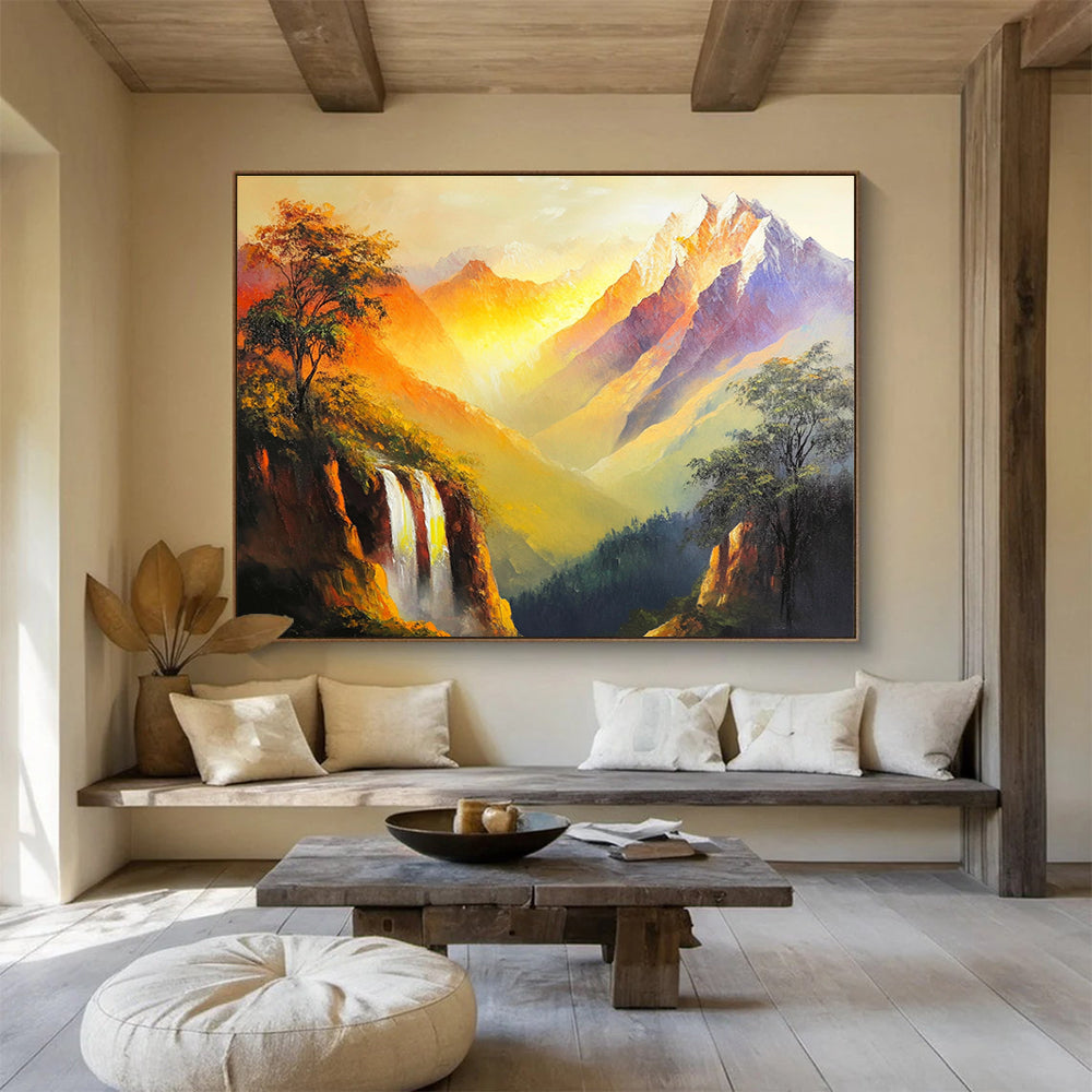 A large abstract painting depicting golden peaks and mountains with bright colors and strong brushstrokes capturing nature's grandeur and serenity.SC579