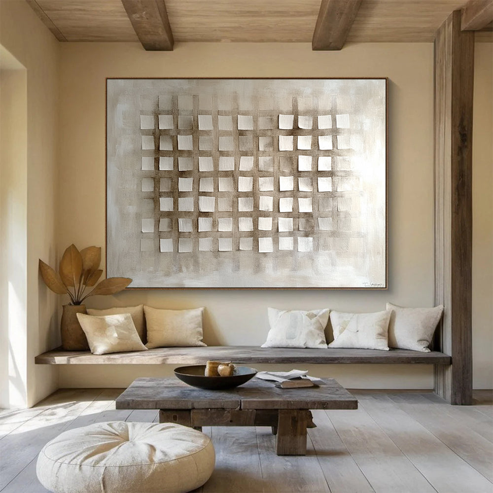 Beige and Brown Grid - Patterned Abstract Painting DYP121